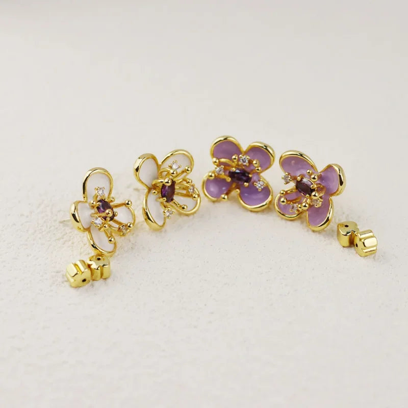 New Peach Blossom Enamel Stud Earrings Simple Fashion Inlaid Rhinestones Fashion Commute