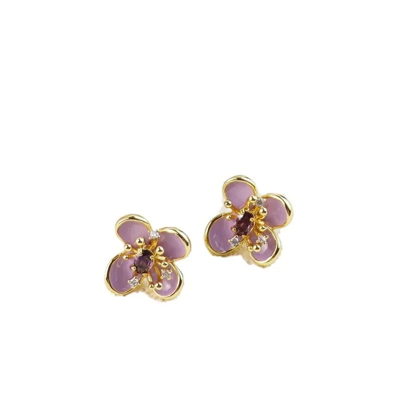 New Peach Blossom Enamel Stud Earrings Simple Fashion Inlaid Rhinestones Fashion Commute