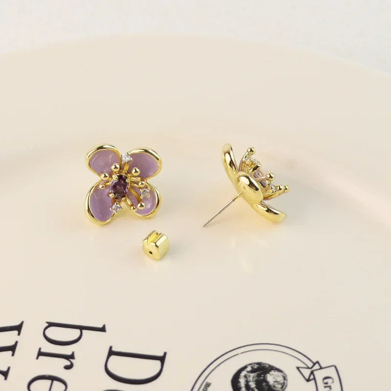 New Peach Blossom Enamel Stud Earrings Simple Fashion Inlaid Rhinestones Fashion Commute