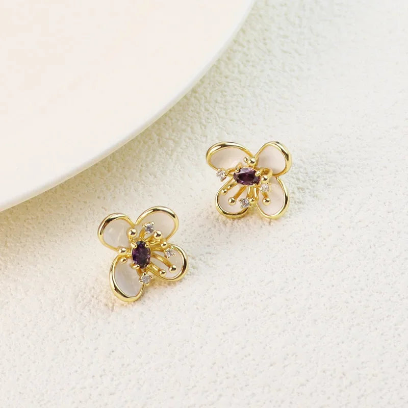 New Peach Blossom Enamel Stud Earrings Simple Fashion Inlaid Rhinestones Fashion Commute