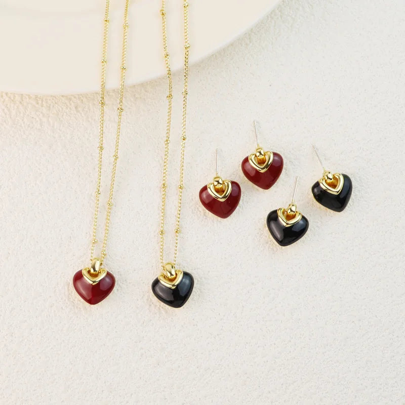 New Red Love Stud Earrings, Fresh Necklace Set, Handmade Enamel Niche Light Luxury Earrings, Beautiful Jewelry, Versatile