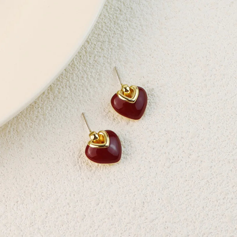 New Red Love Stud Earrings, Fresh Necklace Set, Handmade Enamel Niche Light Luxury Earrings, Beautiful Jewelry, Versatile