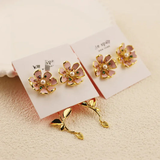 New pink flower stud earrings silver needle hand-painted enamel light luxury temperament inlaid zircon earrings