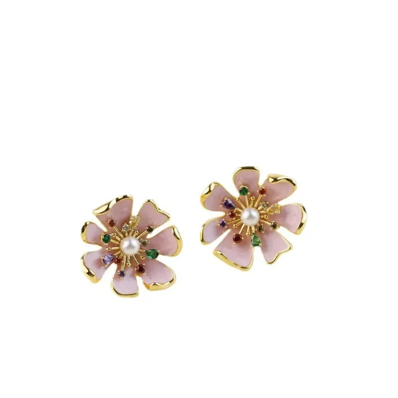 New pink flower stud earrings silver needle hand-painted enamel light luxury temperament inlaid zircon earrings