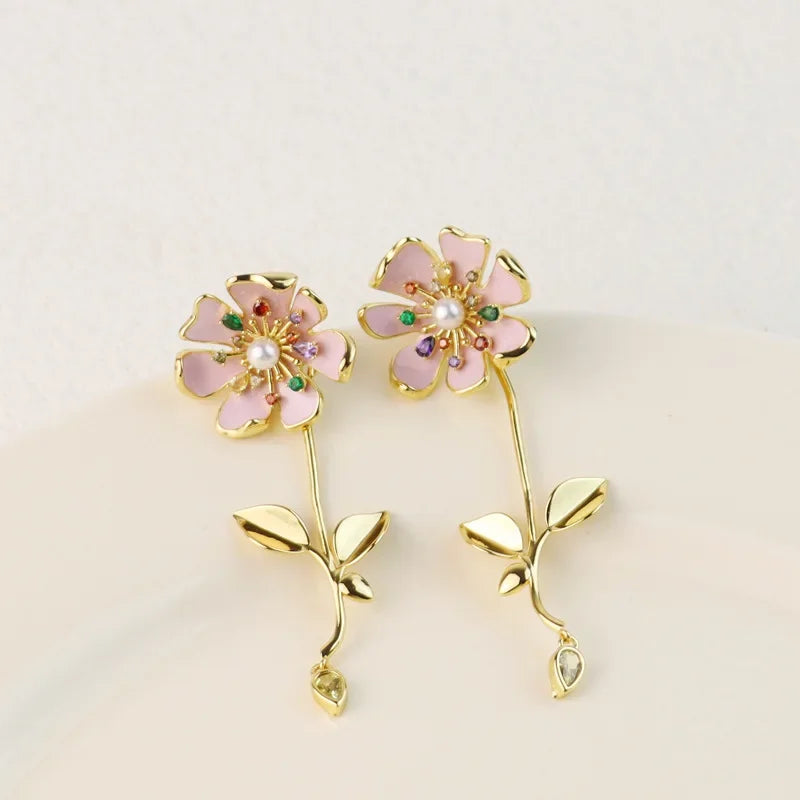 New pink flower stud earrings silver needle hand-painted enamel light luxury temperament inlaid zircon earrings