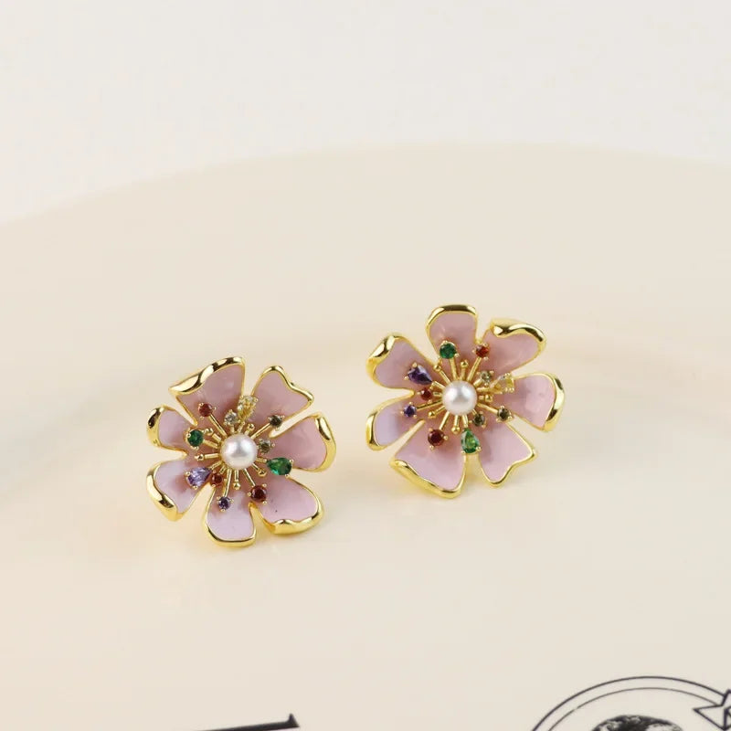 New pink flower stud earrings silver needle hand-painted enamel light luxury temperament inlaid zircon earrings