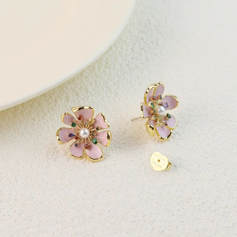 New pink flower stud earrings silver needle hand-painted enamel light luxury temperament inlaid zircon earrings