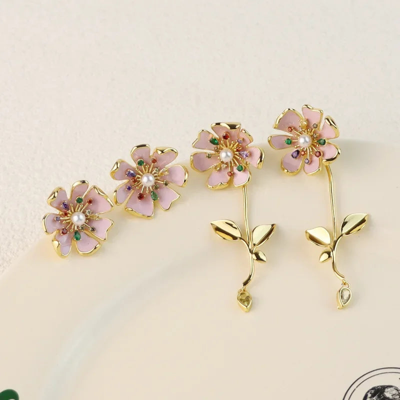 New pink flower stud earrings silver needle hand-painted enamel light luxury temperament inlaid zircon earrings