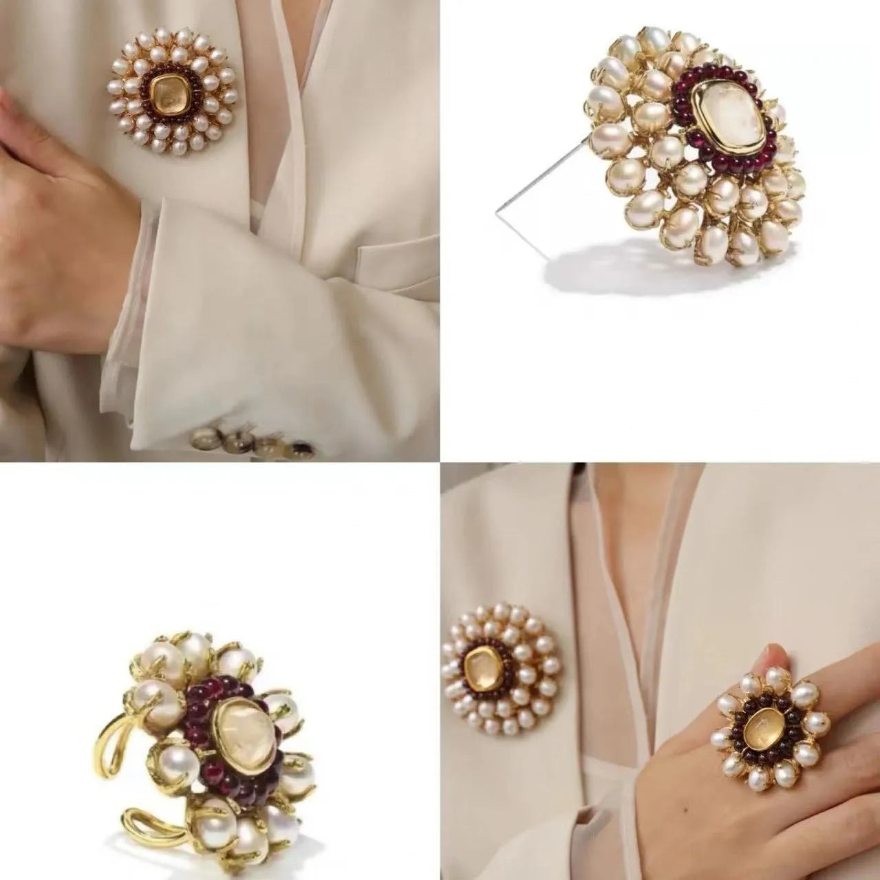 Noble Exquisite Brooch Set with Natural Freshwater Pearls, Natural Stone