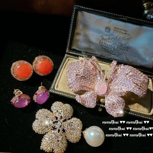 Papalacha Butterfly Jewel Brooch, Fancy Orange Diamond Pink Chalcedony Earrings