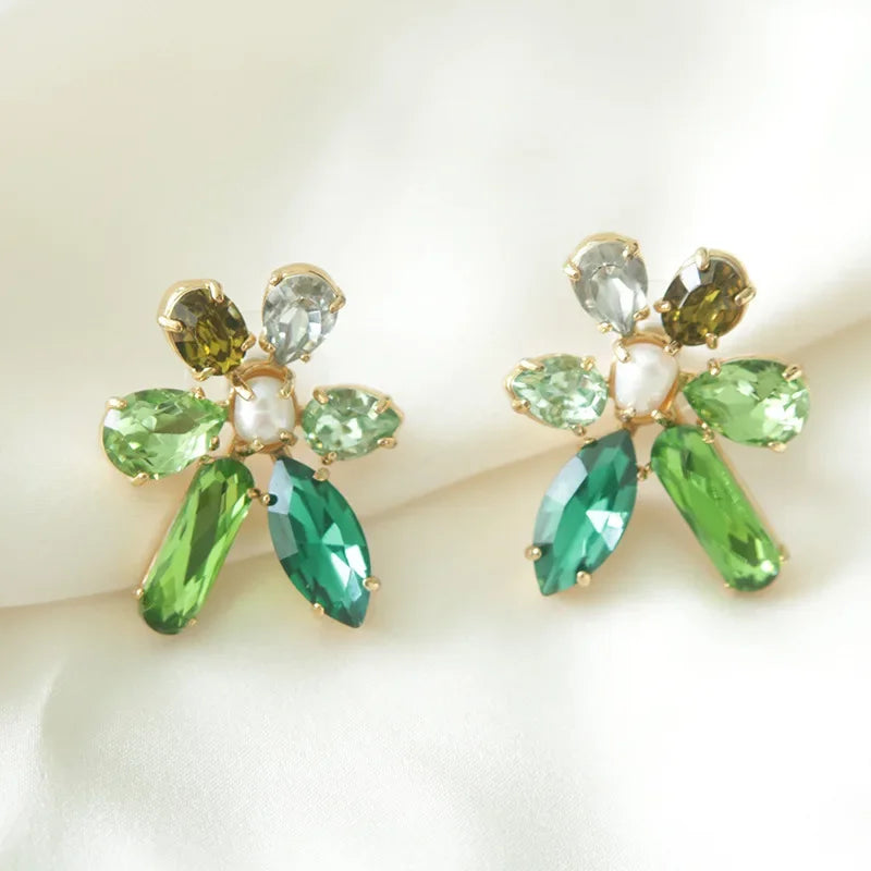 Premium Earrings Versatile Mozzarella Diamonds Silver Needle Earrings Leisure Vacation Style Earrings Green Flowers