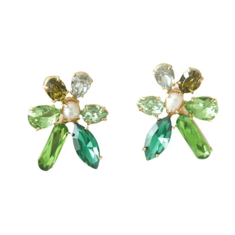 Premium Earrings Versatile Mozzarella Diamonds Silver Needle Earrings Leisure Vacation Style Earrings Green Flowers