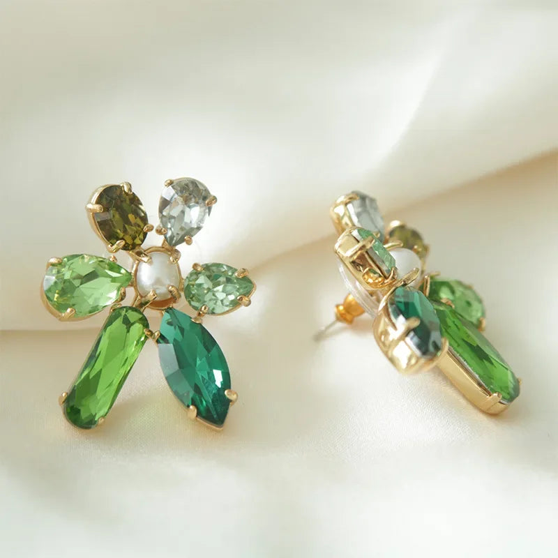 Premium Earrings Versatile Mozzarella Diamonds Silver Needle Earrings Leisure Vacation Style Earrings Green Flowers