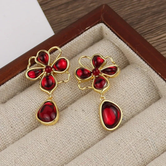 Red Inlaid Zircon Flower Earrings Exquisite Small Light Luxury Versatile Design Earrings Women