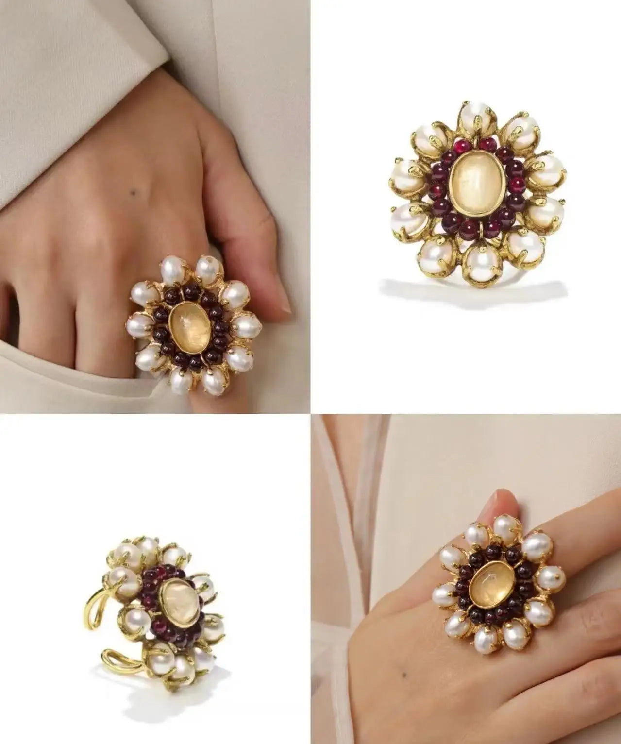 French Niche Natural Baroque Pearl Red Pomegranate Inlaid Open Ring Retro Style