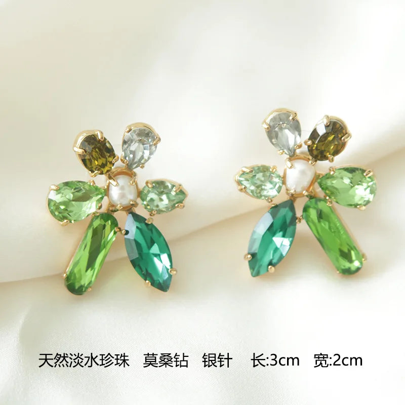 Premium Earrings Versatile Mozzarella Diamonds Silver Needle Earrings Leisure Vacation Style Earrings Green Flowers