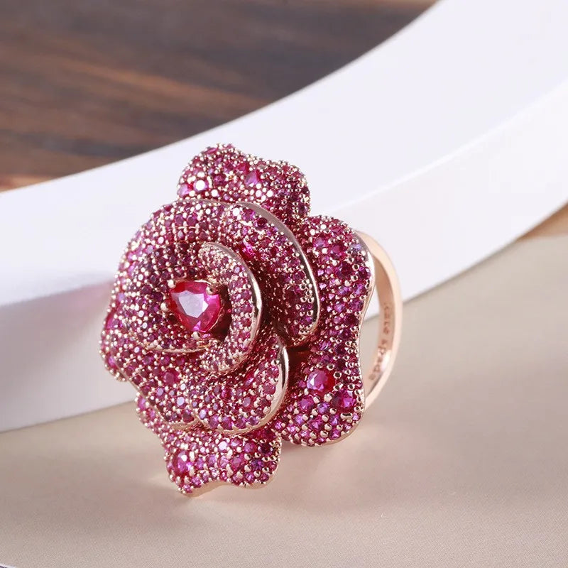 luxurytreasury Exaggerated full diamond three-dimensional multi-layer rose ring, dinner outing temperament ring