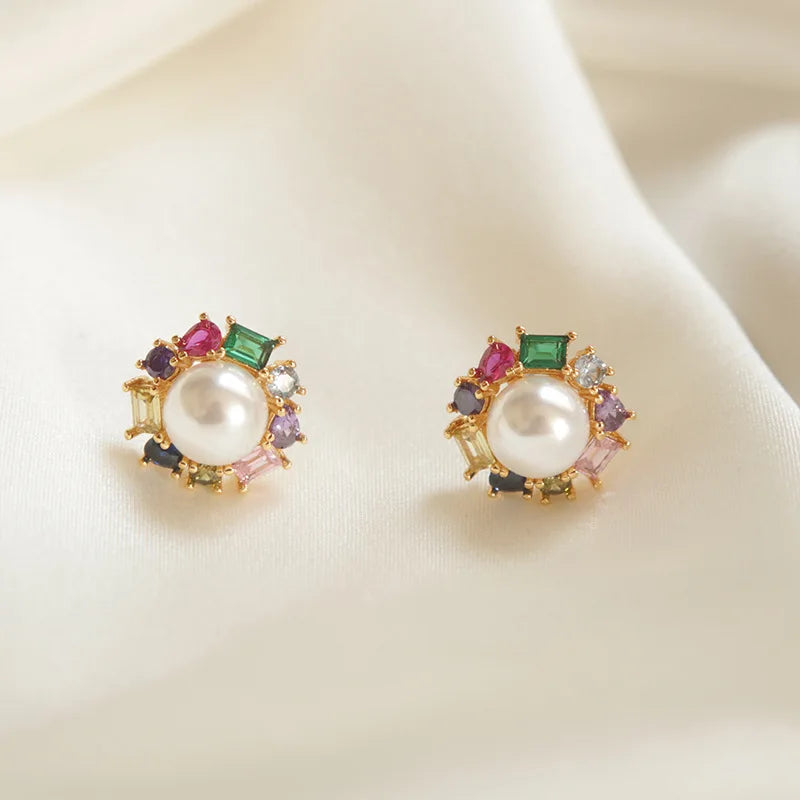 Color Zircon Earrings Silver Needles Exquisite Classic Simple Baroque Pearl Jewelry