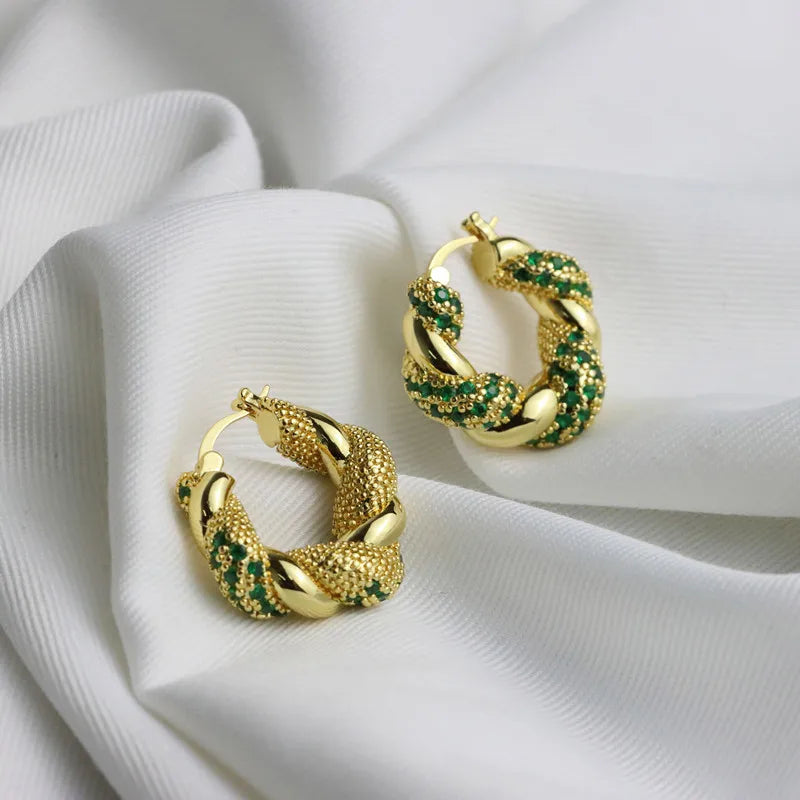 Metal green flash diamond advanced luxury Fried Dough Twists earrings, vintage gold earrings unique earrings