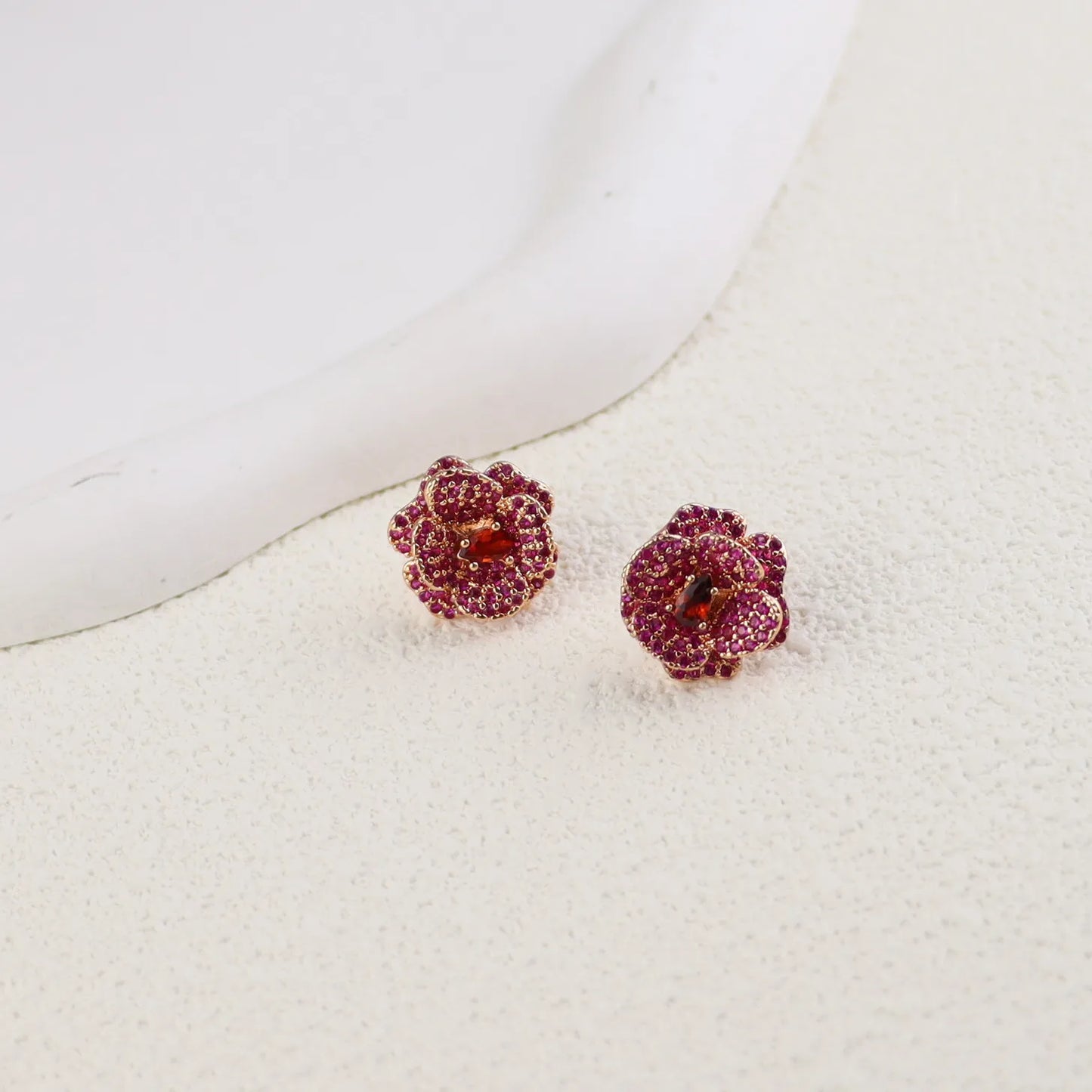 luxurytreasury Light luxury, simple and fashionable flower earrings, three-dimensional rose red zircon inlaid earrings