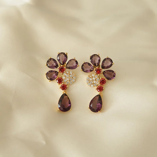 S925 Silver Needle Crystal Flower Earrings, Retro Baroque Exquisite Girl Heart Earrings, Divine Purple High-end Earrings