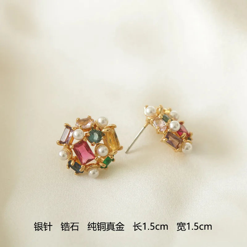 Color Zircon Flower Stud Earrings Silver Needle Personality Fresh and Versatile Colorful Earrings Sweet Mori Earrings