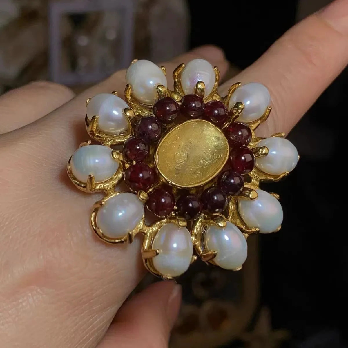 French Niche Natural Baroque Pearl Red Pomegranate Inlaid Open Ring Retro Style