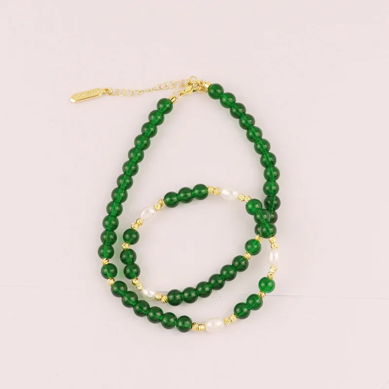 Green Artificial Crystal Handmade Bead Necklace Niche Design Retro Literary and Simple Temperament