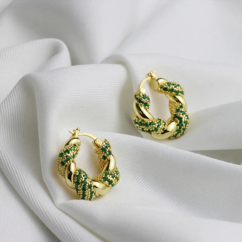 Metal green flash diamond advanced luxury Fried Dough Twists earrings, vintage gold earrings unique earrings