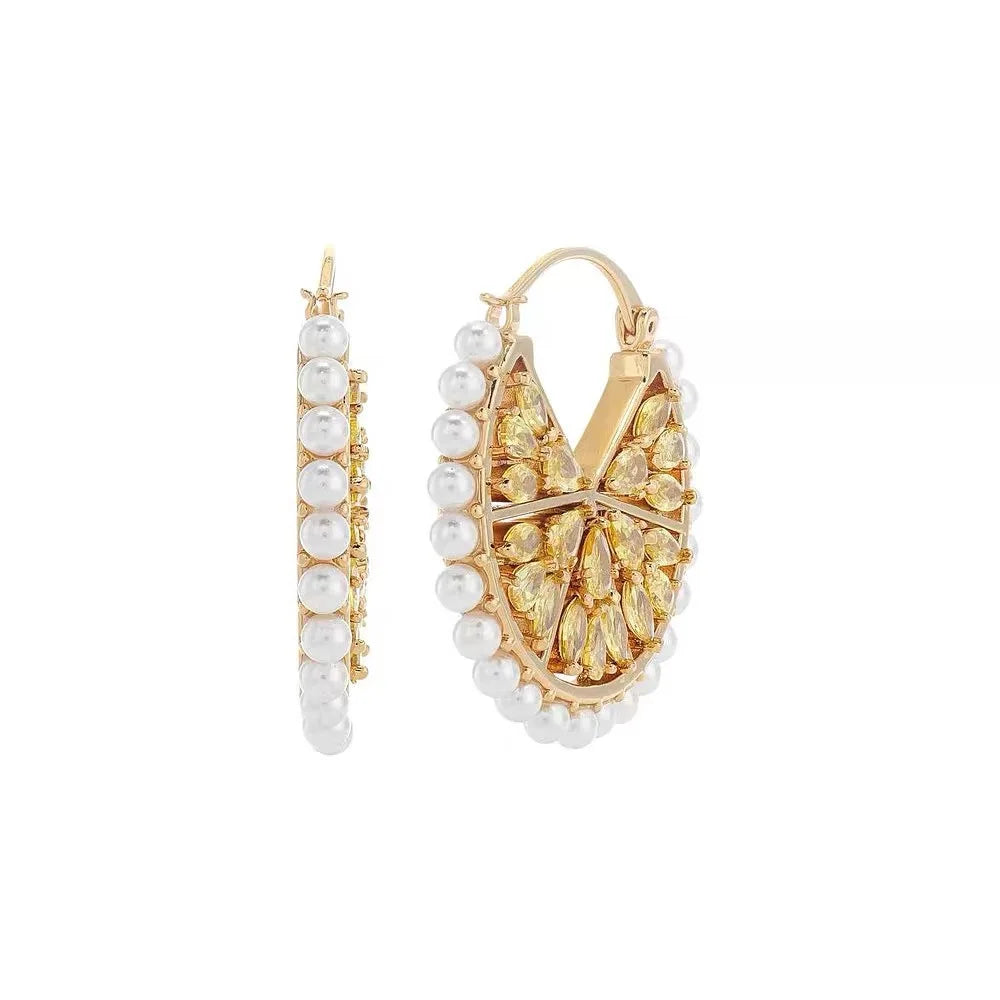 Small niche design with hollowed out rhinestones inlaid with artificial pearls, lemon flower earrings,  luxury style earring