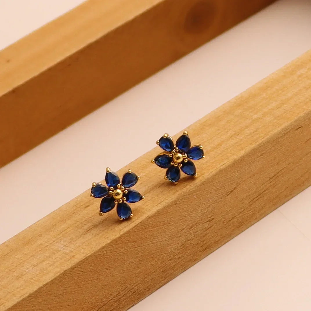 Stylish Sweet Slightly Inlaid Blue Zircon Temperament Beautiful Flower Stud Earrings Personalized Commuter Earrings