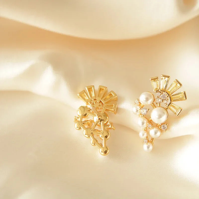 Sunflower Stud Earrings Silver Needle Retro Flower Diamond Pearl Earrings Niche Premium