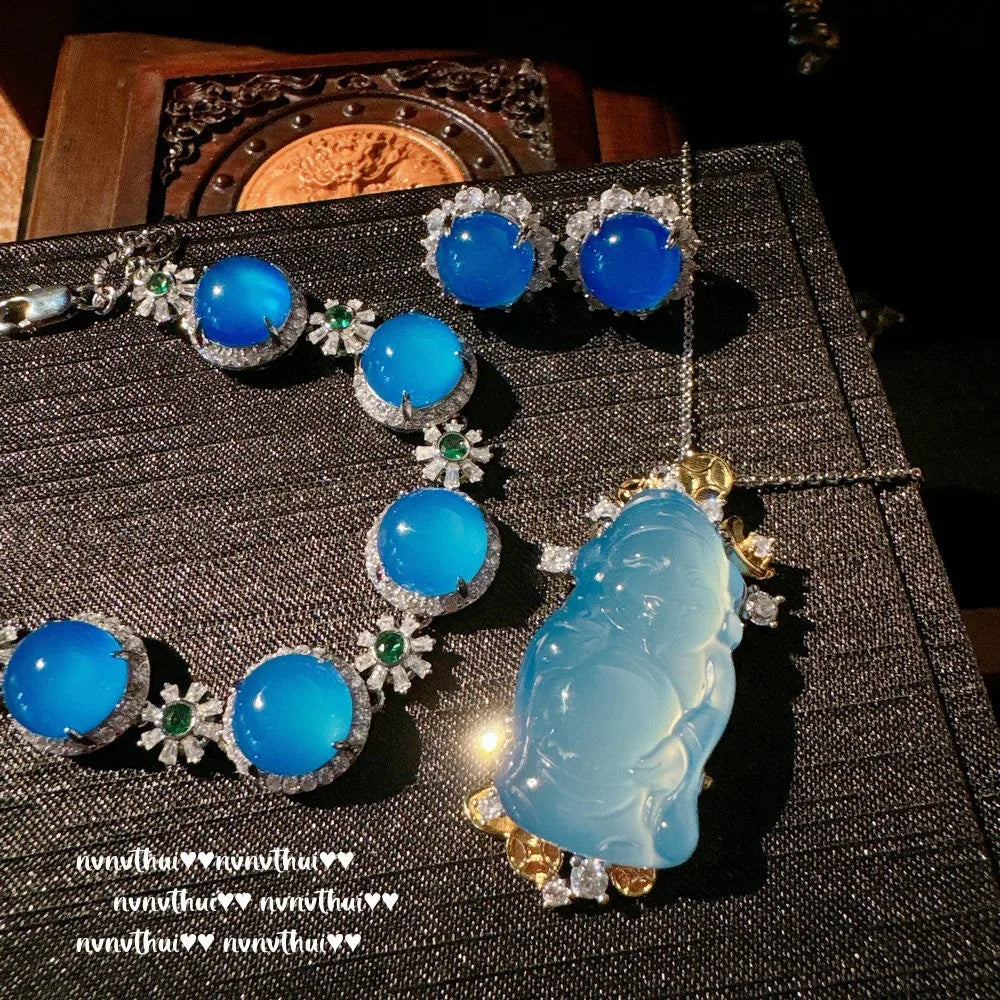 Turkish Blue Chalcedony Flower Gemstone Bracelet,  Plated with 18K Gold, Blue Chalcedony Flower Zircon Earrings.