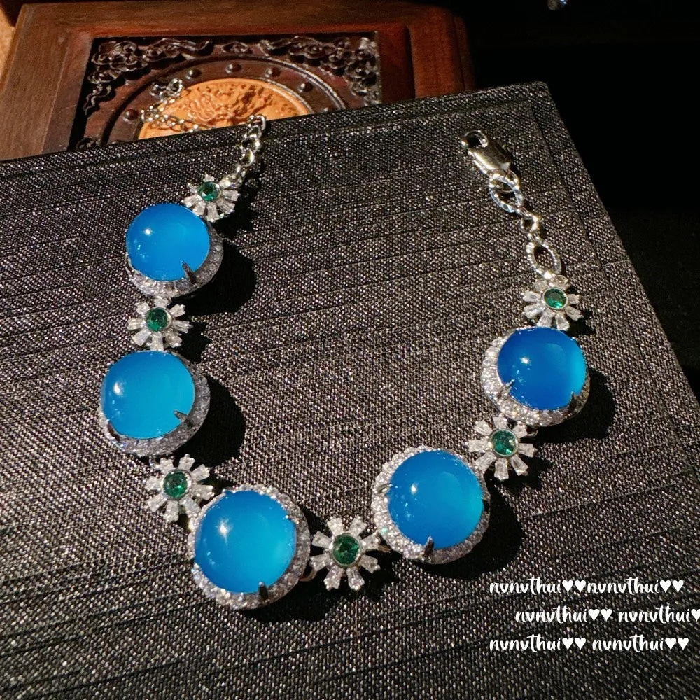 Turkish Blue Chalcedony Flower Gemstone Bracelet,  Plated with 18K Gold, Blue Chalcedony Flower Zircon Earrings.