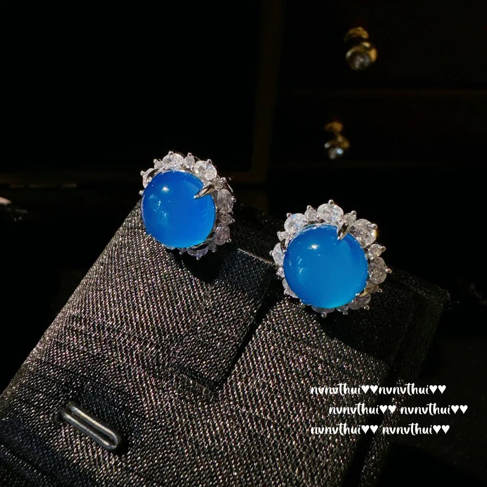 Turkish Blue Chalcedony Flower Gemstone Bracelet,  Plated with 18K Gold, Blue Chalcedony Flower Zircon Earrings.