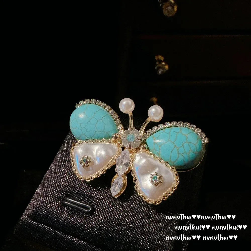 Watery Turquoise Butterfly Pearl Earrings, Turkish Blue Chalcedony, Water Drop Zircon Necklace.