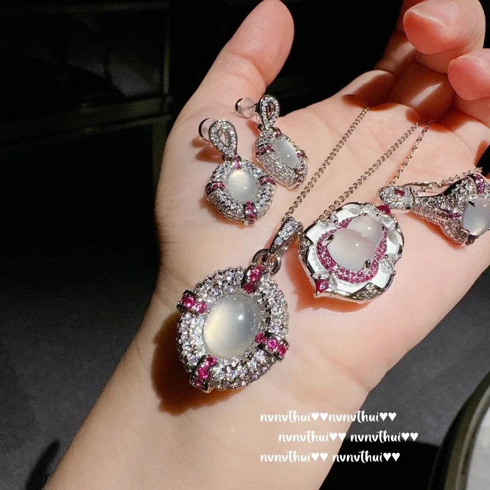 White Moonlight Lychee Frozen Egg Shape White Chalcedony Red Corundum Pendant Necklace, Pigeon Egg Earrings