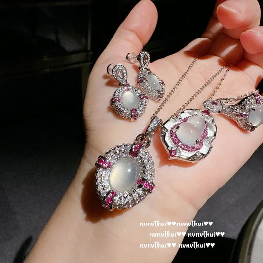 White Moonlight Lychee Frozen Egg Shape White Chalcedony Red Corundum Pendant Necklace, Pigeon Egg Earrings