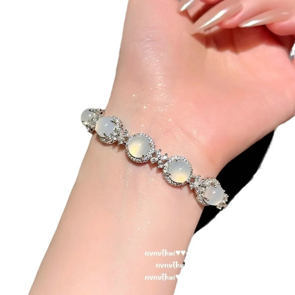 White Moonlight Lychee Frozen White Chalcedony Starlight Necklace,18K Gold Plated, High Ice Egg Surface Flower Bracelet