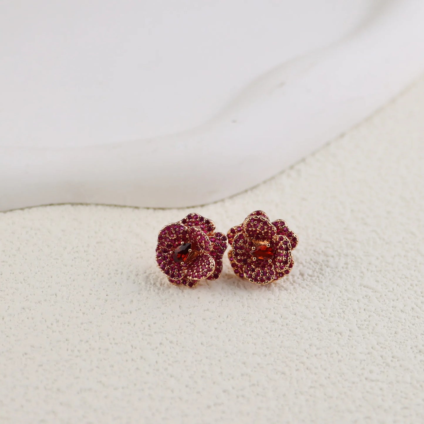 luxurytreasury Light luxury, simple and fashionable flower earrings, three-dimensional rose red zircon inlaid earrings